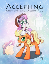Size: 695x900 | Tagged: safe, artist:tsitra360, character:applejack, character:sweetie belle, species:earth pony, species:pony, species:unicorn, sweetie bot, android, apple (company), clothing, cute, duo, female, filly, foal, gynoid, hat, hooves, horn, jackabetes, mare, mouth hold, robot, robot pony, signature, text