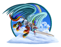 Size: 1024x795 | Tagged: safe, artist:tsitra360, character:rainbow dash, species:pegasus, species:pony, armor, female, flying, mare, mouth hold, solo, sword, weapon