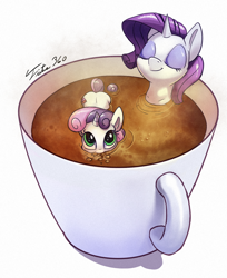 Size: 900x1101 | Tagged: safe, artist:tsitra360, character:rarity, character:sweetie belle, species:pony, species:unicorn, blowing bubbles, bubble, chocolate, cup of pony, cute, cutie mark, dawwww, diasweetes, eyes closed, female, filly, hot chocolate, marshmallow, micro, raritea, rarity is a marshmallow, relaxing, signature, sisters, sweet tea belle, sweetie belle is a marshmallow too, the cmc's cutie marks