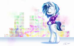 Size: 1024x649 | Tagged: safe, artist:tsitra360, character:dj pon-3, character:vinyl scratch, species:pony, background pony, bipedal, chromatic aberration, clothing, earbuds, eyes closed, female, listening, music, signature, solo, sweater, visualizer