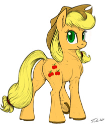 Size: 628x751 | Tagged: safe, artist:tsitra360, character:applejack, species:earth pony, species:pony, applebutt, applejack's hat, braid, butt, clothing, cowboy hat, dock, female, hat, horseshoes, looking at you, looking back, looking back at you, muscles, plot, signature, simple background, smiling, smiling at you, solo, standing, underhoof, white background
