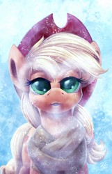 Size: 900x1398 | Tagged: safe, artist:tsitra360, character:applejack, species:earth pony, species:pony, blowing, breath, clothing, cold, cowboy hat, female, freckles, hat, heart, looking at you, mare, open mouth, scarf, signature, snow, snowfall, solo, stetson