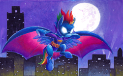 Size: 1200x745 | Tagged: safe, artist:tsitra360, character:rainbow dash, batman, batmare, city, commission, crossover, dc comics, female, glowing eyes, mare in the moon, moon, sky, solo, spread wings, stars, superhero, traditional art, wings