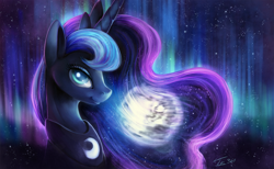 Size: 1200x738 | Tagged: safe, artist:tsitra360, character:princess luna, species:pony, aurora borealis, bust, commission, female, looking at you, mare, mare in the moon, moon, portrait, signature, smiling, solo, stars