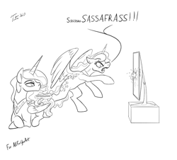 Size: 900x813 | Tagged: safe, artist:tsitra360, character:princess celestia, character:princess luna, gamer luna, angry, controller, destruction, food, magic, monochrome, prone, rage quit, royal sisters, sketch, tea, teacup, telekinesis, television, yelling