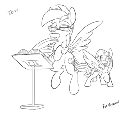 Size: 900x813 | Tagged: safe, artist:tsitra360, character:rainbow dash, character:twilight sparkle, character:twilight sparkle (alicorn), species:alicorn, species:pony, book, duo, egghead, excited, exploitable meme, flying, food, glasses, meme, monochrome, open mouth, rainbow dork, raised hoof, reading rainboom, sketch, spread wings, tea, teacup, wings