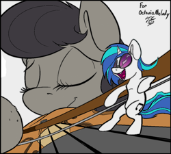 Size: 1024x922 | Tagged: safe, artist:tsitra360, edit, character:dj pon-3, character:octavia melody, character:vinyl scratch, species:pony, bow (instrument), colored sketch, giant pony, macro, micro, size difference, smiling, violin, violin bow