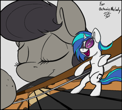 Size: 1024x922 | Tagged: safe, artist:tsitra360, edit, character:dj pon-3, character:octavia melody, character:vinyl scratch, species:pony, bow (instrument), colored sketch, giant octavia melody, giant pony, giant/tiny, macro, macro/micro, mega octavia, micro, size difference, smiling, tiny, tiny ponies, tiny vinyl scratch, violin, violin bow