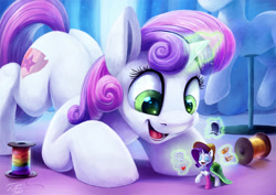 Size: 1024x723 | Tagged: safe, artist:tsitra360, character:rarity, character:sweetie belle, species:pony, species:unicorn, carousel boutique, clothing, eyes closed, hat, indoors, jewelry, magic, micro, necklace, open mouth, rainbow thread, saddle, size difference, tack, telekinesis, thread