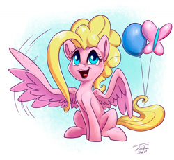 Size: 900x833 | Tagged: safe, artist:tsitra360, character:fluttershy, character:pinkie pie, species:pegasus, species:pony, balloon, female, fusion, mare, open mouth, prehensile tail, simple background, sitting, solo, tongue out