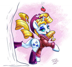 Size: 900x833 | Tagged: safe, artist:tsitra360, character:applejack, character:rarity, species:pony, species:unicorn, apple, applebucking, boots, clothing, female, food, fusion, horseshoes, jacket, looking at you, mare, plot, solo, tail wrap