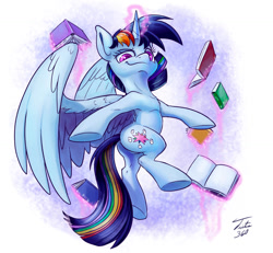 Size: 900x833 | Tagged: safe, artist:tsitra360, character:rainbow dash, character:twilight sparkle, character:twilight sparkle (alicorn), species:alicorn, species:pony, book, female, fusion, levitation, looking at you, looking down, magic, solo, telekinesis