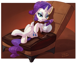 Size: 1200x989 | Tagged: safe, artist:tsitra360, artist:vest, character:rarity, species:pony, bedroom eyes, clothing, collaboration, comfy, female, looking at you, mare, scarf, sitting, smiling, solo