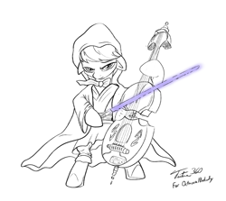 Size: 900x801 | Tagged: safe, artist:tsitra360, character:octavia melody, species:pony, bipedal, cello, clothing, crossover, female, jedi, lightsaber, monochrome, musical instrument, neo noir, partial color, solo, star wars, weapon