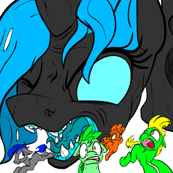Size: 1200x1200 | Tagged: safe, artist:transparentist, artist:tsitra360, edit, oc, oc only, oc:fleet wing, oc:honeymelon blitz, species:changeling, species:earth pony, species:pony, blue tongue, color edit, colored, colored sketch, fangs, female, implied vore, macro, male, micro, no pupils, open mouth, running, scared, sharp teeth, simple background, stare down, staredown, teeth, tongue out, transparent background