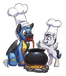 Size: 854x982 | Tagged: safe, artist:tsitra360, character:rumble, character:thunderlane, species:pegasus, species:pony, episode:marks and recreation, g4, my little pony: friendship is magic, brothers, cauldron, chef's hat, clothing, colt, cooking, duo, fire, hat, hug, looking at you, looking down, male, mouth hold, pouring, simple background, smiling, stallion, stirring, uniform, white background, wonderbolts uniform