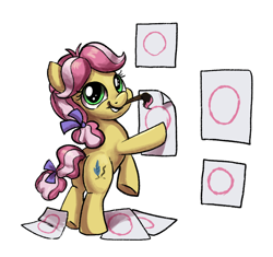 Size: 874x821 | Tagged: safe, artist:tsitra360, character:kettle corn, species:earth pony, species:pony, episode:marks and recreation, g4, my little pony: friendship is magic, bipedal, circle, circle painting, female, filly, foal, looking back, mouth hold, paintbrush, plot, simple background, smiling, solo, that pony sure does love circles, white background