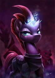 Size: 843x1200 | Tagged: safe, artist:tsitra360, character:grubber, character:tempest shadow, species:pony, species:unicorn, my little pony: the movie (2017), armor, broken horn, eye scar, female, frown, glare, glow, glowing horn, horn, lidded eyes, lightning, looking at you, magic, mare, open mouth, scar, smiling, smirk, solo focus, sparking horn, tempest shadow is not amused, unamused