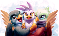 Size: 2000x1211 | Tagged: safe, artist:tsitra360, character:gabby, character:gilda, character:greta, species:griffon, clothing, cute, female, gabbybetes, gildadorable, gretadorable, griffon trio, looking at you, one eye closed, open mouth, scarf, smiling, trio, wallpaper, wink