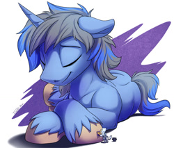 Size: 1200x1024 | Tagged: safe, artist:tsitra360, oc, oc only, oc:der, oc:northern moon, species:griffon, species:pony, species:unicorn, bucket, crossed hooves, duo, eyes closed, hooficure, lying down, male, micro, prone, simple background, smiling, stallion, white background