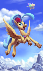 Size: 1500x2444 | Tagged: safe, artist:tsitra360, character:princess skystar, species:classical hippogriff, species:hippogriff, my little pony: the movie (2017), airship, female, flying, happy, mountain, seashell necklace, sky, smiling, solo