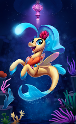 Size: 1500x2444 | Tagged: safe, artist:tsitra360, character:princess skystar, species:seapony (g4), g4, my little pony: the movie (2017), angler seapony, bioluminescent, coral, female, fins, glow, happy, jewelry, necklace, open mouth, seaquestria, seashell, seashell necklace, seaweed, smiling, solo, underwater