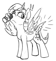 Size: 900x977 | Tagged: safe, artist:tsitra360, character:twilight sparkle, character:twilight sparkle (alicorn), species:alicorn, species:pony, alicorn overdose, butt wings, drinking, energy drink, exclamation point, female, four wings, looking back, mare, monochrome, multiple wings, red bull, red bull gives you wings, requested art, seraph, seraphicorn, simple background, sketch, smiling, solo, white background, wing hands, wings