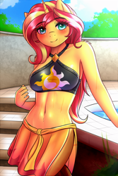 Size: 2000x3000 | Tagged: safe, artist:twistedscarlett60, character:sunset shimmer, species:anthro, species:pony, species:unicorn, equestria girls:forgotten friendship, g4, my little pony: equestria girls, my little pony:equestria girls, belly button, bikini, blushing, breasts, clothing, explicit source, female, high res, looking at you, mare, shoulder fluff, smiling, solo, swimming pool, swimsuit, towel, water, wet