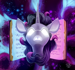 Size: 900x830 | Tagged: safe, artist:tsitra360, community related, character:fhtng th§ ¿nsp§kbl, character:oleander, species:pony, species:unicorn, them's fightin' herds, book, glowing eyes, magic, open mouth, solo
