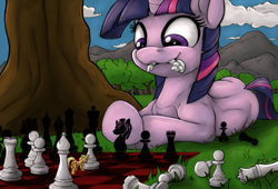Size: 965x657 | Tagged: safe, artist:royalagate, artist:tsitra360, derpibooru original, edit, character:applejack, character:lyra heartstrings, character:twilight sparkle, species:pony, species:unicorn, appletini, chess, chessboard, chessboard incorrectly oriented, color edit, colored, duo, micro, mountain, mountain range, mouth hold, shading edit, tree