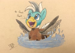 Size: 3109x2214 | Tagged: safe, artist:tsitra360, oc, oc only, oc:duk, species:duck, species:pegasus, species:pony, bill, bird pone, blue eyes, cute, duck pony, female, mare, open mouth, physical copy, quack, raised hoof, smiling, solo, splashing, spread wings, traditional art, water, wings