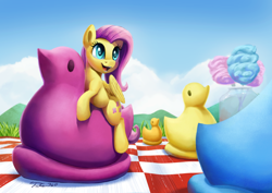 Size: 1200x851 | Tagged: safe, artist:tsitra360, character:fluttershy, species:duck, species:pegasus, species:pony, cloud, cotton candy, cute, female, happy, mare, micro, op, open mouth, peeps, picnic blanket, ponies in food, riding, shyabetes, sky, smiling, solo, tiny ponies