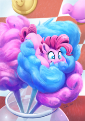 Size: 851x1200 | Tagged: safe, artist:tsitra360, character:pinkie pie, species:earth pony, species:pony, cotton candy, cute, diapinkes, female, mare, micro, peeps, picnic blanket, ponies in food, solo, tiny ponies