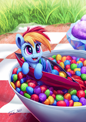 Size: 851x1200 | Tagged: safe, artist:tsitra360, character:rainbow dash, species:pegasus, species:pony, g4, candy, cute, cutie mark, dashabetes, female, food, happy, ice cream, mare, micro, open mouth, picnic blanket, ponies in food, signature, skittles, solo, taste the rainbow, tiny ponies