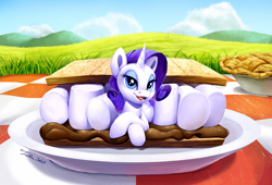 Size: 1200x815 | Tagged: safe, artist:tsitra360, character:rarity, species:pony, species:unicorn, chocolate, female, food, graham cracker, grass, mare, marshmallow, micro, picnic blanket, pie, plate, ponies in food, rarity is a marshmallow, s'mores, solo, tiny ponies