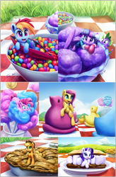 Size: 1608x2444 | Tagged: safe, artist:tsitra360, character:applejack, character:fluttershy, character:pinkie pie, character:rainbow dash, character:rarity, character:spike, character:twilight sparkle, character:twilight sparkle (alicorn), species:alicorn, species:pony, candy, cute, dashabetes, dawwww, diapinkes, food, graham cracker, ice cream, jackabetes, mane seven, mane six, marshmallow, peeps, picnic blanket, pie, ponies in food, raribetes, rarity is a marshmallow, shyabetes, skittles, twiabetes