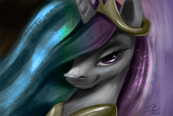 Size: 2025x1350 | Tagged: safe, artist:tsitra360, edit, character:princess celestia, species:pony, bedroom eyes, bust, color, color edit, colored, dark, female, hair over one eye, looking at you, she knows, simple background, smiling, smirk, smug, smuglestia, solo