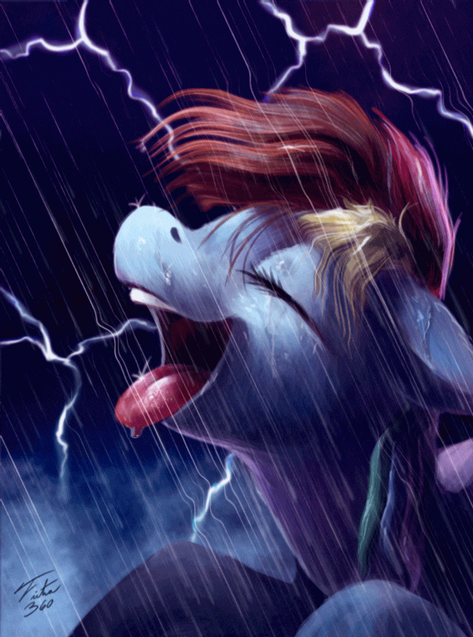 Size: 668x900 | Tagged: safe, artist:theshadowscale, artist:tsitra360, character:rainbow dash, species:pegasus, species:pony, absurd file size, absurd gif size, animated, cinemagraph, eyes closed, female, gif, lightning, open mouth, rain, solo, speedpaint, tongue out, wet