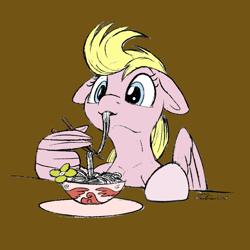 Size: 1946x1946 | Tagged: safe, artist:tsitra360, oc, oc only, oc:lucky doo, species:pegasus, species:pony, bowl, brown background, chopsticks, femboy, floppy ears, food, girly, male, noodles, simple background, solo, wing hands, wings
