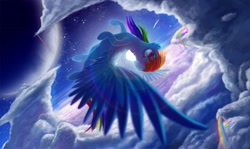 Size: 2019x1200 | Tagged: safe, artist:tsitra360, character:rainbow dash, species:pegasus, species:pony, cloud, female, flying, mare, moon, night, rainbow waterfall, solo, spread wings, stars, upside down, wallpaper, wings