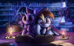Size: 2000x1255 | Tagged: safe, artist:tsitra360, character:rainbow dash, character:spike, character:twilight sparkle, character:twilight sparkle (unicorn), species:dragon, species:pegasus, species:pony, species:unicorn, book, candle, egghead, eyes closed, female, fire, glasses, implied lesbian, implied shipping, implied twidash, library, mare, nerds, prone, rainbow dork, reading, sleeping, that pony sure does love books, twilight's castle, twilight's castle library