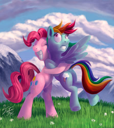 Size: 800x897 | Tagged: safe, artist:tsitra360, character:pinkie pie, character:rainbow dash, hug, pink squeeze, spine cracker