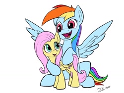 Size: 1024x768 | Tagged: safe, artist:tsitra360, character:fluttershy, character:rainbow dash, hug, size difference, spread wings, wings