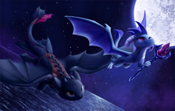 Size: 1500x953 | Tagged: safe, artist:tsitra360, character:princess ember, species:dragon, bloodstone scepter, commission, crossover, dragon lord ember, dragoness, dreamworks, duo, female, flying, full moon, how to train your dragon, male, moon, night, night fury, smiling, speedpaint available, stars, toothless the dragon