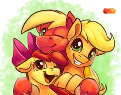 Size: 1280x1001 | Tagged: safe, artist:tsitra360, character:apple bloom, character:applejack, character:big mcintosh, species:earth pony, species:pony, apple siblings, bow, clothing, colored hooves, cute, female, filly, hair bow, hat, hatless, male, mare, missing accessory, moon, one eye closed, siblings, smiling, stallion, unshorn fetlocks