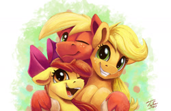 Size: 2000x1294 | Tagged: safe, artist:tsitra360, character:apple bloom, character:applejack, character:big mcintosh, species:earth pony, species:pony, adorabloom, apple siblings, bow, clothing, colored hooves, cute, female, filly, hair bow, hat, hatless, jackabetes, macabetes, male, mare, missing accessory, moon, one eye closed, siblings, signature, smiling, stallion, unshorn fetlocks