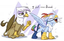 Size: 2000x1303 | Tagged: safe, artist:tsitra360, character:gilda, character:rainbow dash, species:bird, species:crow, species:griffon, species:pegasus, species:pony, abstract background, alternate hairstyle, annoyed, backwards cutie mark, behaving like a bird, birb, caw, chest fluff, clothing, costume, cute, dashabetes, disguise, dweeb, eyes closed, face paint, feather, female, floppy ears, frown, gilda is not amused, glare, griffon costume, gritted teeth, imitation, mare, mask, rainbow griffon, raised hoof, silly, silly pony, simple background, sitting, species swap, spread wings, this will end in pain, unamused, white background, wings