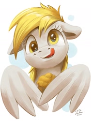 Size: 1500x1991 | Tagged: safe, artist:tsitra360, character:derpy hooves, species:pegasus, species:pony, cute, derpabetes, female, floppy ears, food, mare, muffin, simple background, solo, tongue out