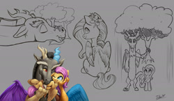 Size: 2500x1458 | Tagged: safe, artist:tsitra360, character:discord, character:fluttershy, character:rainbow dash, species:pegasus, species:pony, discord being discord, female, flower, flower in hair, macro, male, mare, micro, monochrome, my neighbor totoro, simple background, sketch, smiling, umbrella