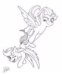 Size: 2450x2934 | Tagged: safe, artist:tsitra360, character:lightning dust, character:rainbow dash, species:pegasus, species:pony, black and white, commission, female, flying, friendship, grayscale, lineart, mare, monochrome, one eye closed, signature, simple background, sketch, white background, wink